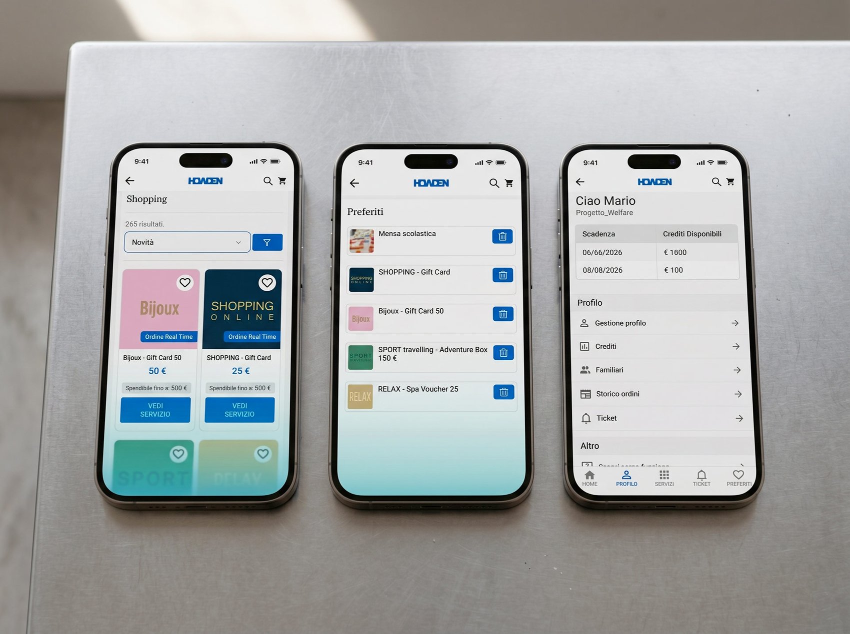 Varie sezioni della app Howdenflex